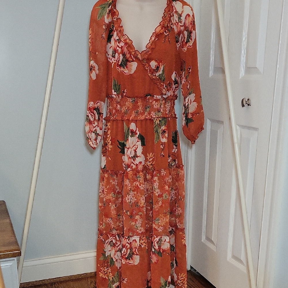 Anthropologie Fig and Flower Terracotta Orange Floral Long Dress Sz Medium